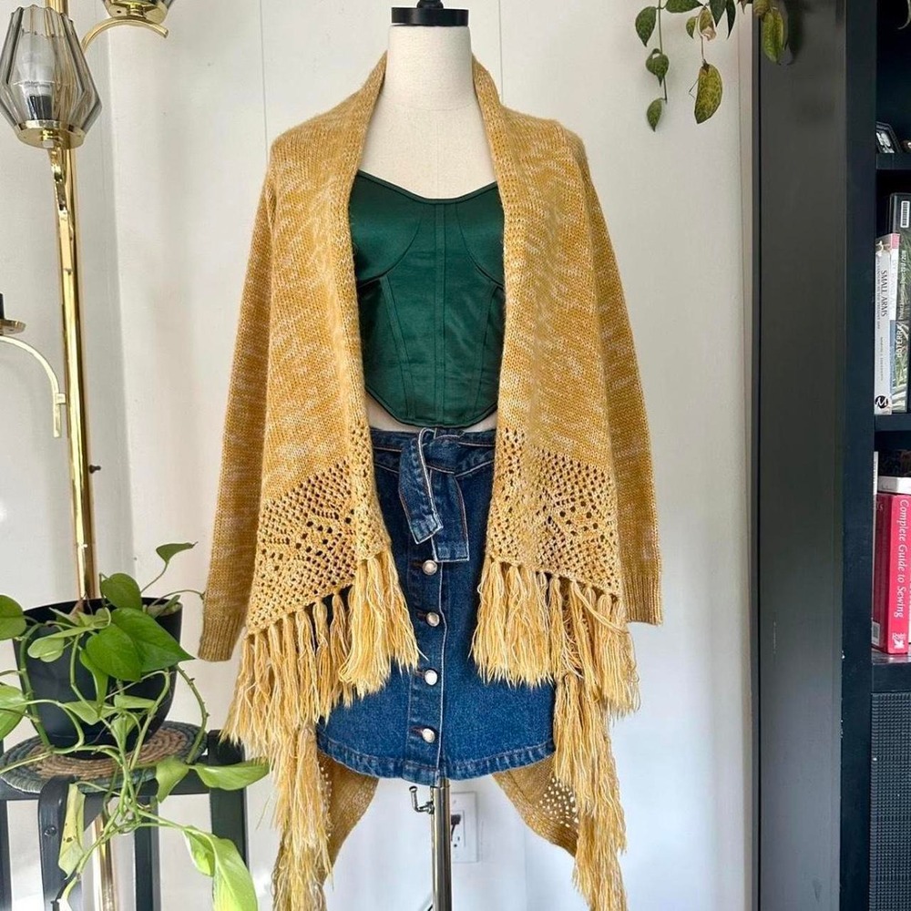 Forever 21 Mustard Yellow Fringe Boho Oversized Knit Cardigan Kimono Small